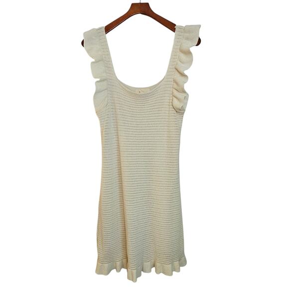 Anthropologie Cream Pointelle Crochet Mini Dress with Ruffles - Picture 3 of 10